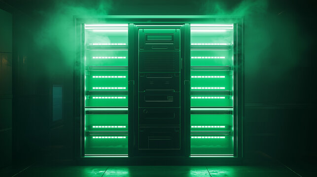 High-tech server rack with glowing green lights in a dark futuristic data center environment, surrounded by digital mist. - Powered by Adobe