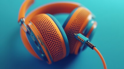 Modern blue and orange headphones isolated on blue background.