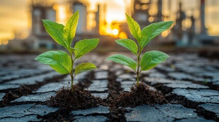 New life Seedlings sprout from cracked, arid ground. Factory afar
