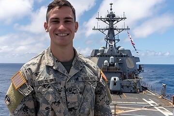 American naval soldier standing proudly on warship deck with u.sflag in military setting
