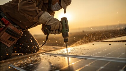 Solar Panel Installation at Sunset