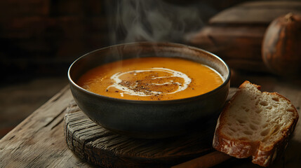 A steaming bowl of pumpkin soup with a swirl of cream and a sprinkle of cinnamon, placed on a wooden table surrounded by autumn leaves.