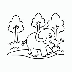 Elephant Animal Coloring Pages for Kids – Simple Black and White Line Drawings Vector Art Illustration.