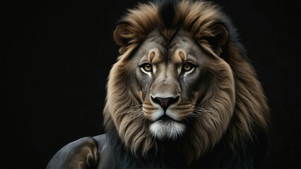 A close-up of a majestic lion with a dark mane and piercing eyes, facing the viewer against a black background.