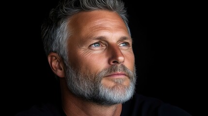 Fototapeta premium Close-up portrait of a mature man with thoughtful expression. Gray hair and beard, looking upward