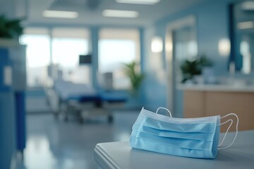 Light-blue surgical mask on a hospital counter.