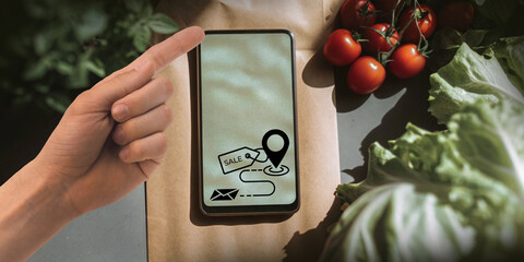 Business background. Food Shopping Technology Concept with Mobile Application. Food, Grocery, Vegetable, Supermarket, Mobile Phone, Technology, Fruit, Service