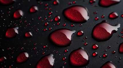 Macro Photo of Red Liquid Droplets on a Textured Black Surface