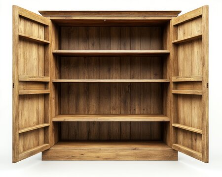 Open wooden cupboard with empty shelves, ready to use