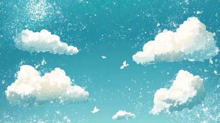 Peaceful sky, fluffy clouds, birds flying, light blue background, ideal for serene backgrounds