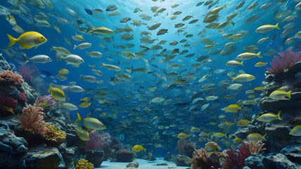 Fototapeta premium Scad jamb under water / sea ecosystem, large school of fish on a blue background, abstract fish alive