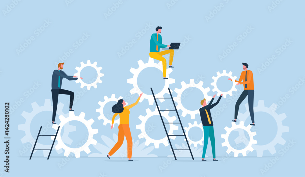 Aufkleber flat vector illustration design business process concept and business team working meeting for proje