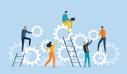 Flat vector illustration design Business process concept and business team working meeting for project brainstorming. cooperation and collaboration teamwork.