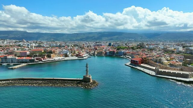 Aerial View Of Chania Old Venetian Port In The Island Of Crete, Greece