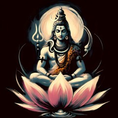 Fototapeta premium oil paint art of lord shiva sitting on lotus on black background