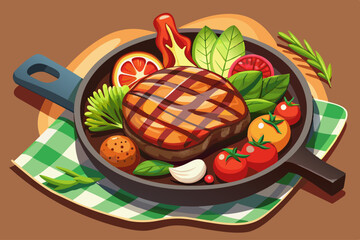 American food concept Grilled beef steak with grilled vegetables, with carrots, cherry tomatoes, broccoli, in a cast iron pan.