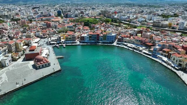 Aerial View Of Chania Old Venetian Port In The Island Of Crete, Greece