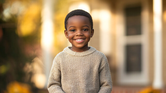 African American black boy kid friendly smile happy playful yard outdoor autumn knitted sweater babysit school junior