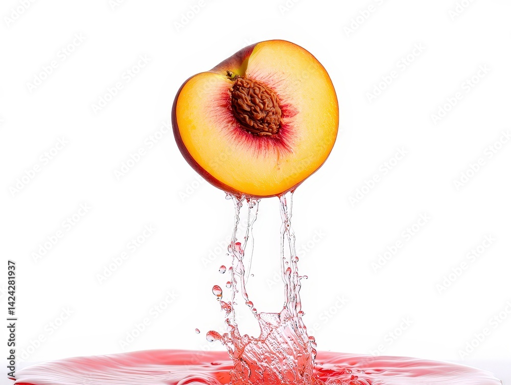 Poster A ripe peach with its pit exposed is being squeezed, causing juice to spray out in droplets.