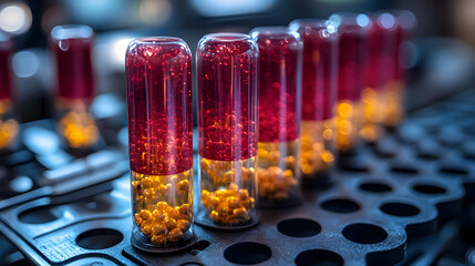 Close-up of Glass Tubes Filled with Red Liquid and Yellow Granules