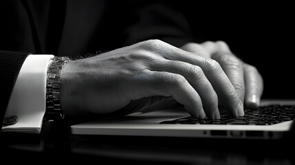 Close Up of Hands Typing on Laptop Keyboard Black and White Photography
