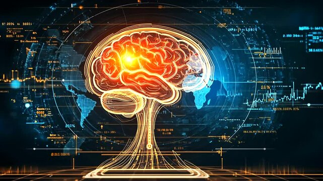 Brain with glowing elements and data visualization