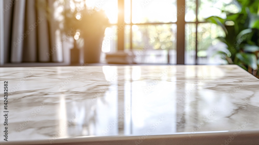 Poster Empty marble table top reflecting sunlight from window