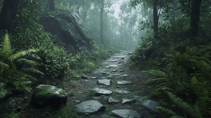 Walking Along Forest Stone Path Surrounded by Ferns and Green Vegetation