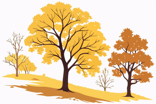 17 Autumn trees, golden foliage, yellow and orange leaves, watercolor style, vector illustration, seasonal collection, deciduous trees, fall colors, nature artwork, botanical set, isolated trees on wh