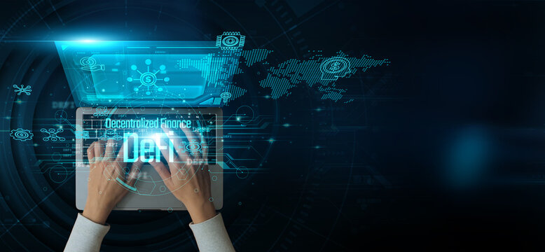 Man using a laptop with Decentralized Finance DeFi on the keyboard analyzes and develops various information about blockchain protocols, peer-to-peer lending, and finance without intermediaries.