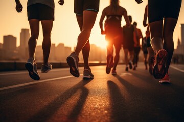 close up of feet of a group of runners in the city sunset jogging