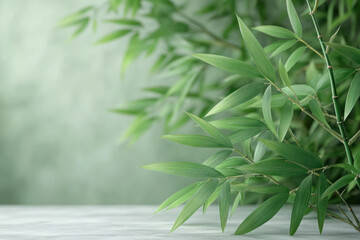 Obraz premium Minimalistic and aesthetic photo of bamboo branches with delicate green leaves on a soft blurred background. 