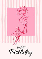Happy birthday greeting postcard. Doodle of woman's hand with flower on pink background. Curved light pink stripes. Trendy card in coquette aesthetic style. Vector outline illustration.