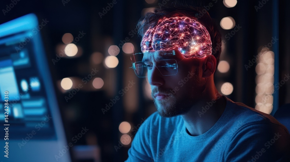 Poster a person with a projected brain interface working on a computer at night.