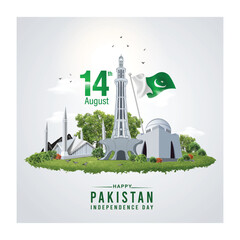 14 August Pakistan independence day. 3d letter  with Quaid-e-Azam Tomb, Minar e Pakistan and  Pakistani flag. abstract vector illustration design