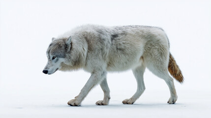 Fototapeta premium majestic dire wolf walking in slow motion, snowy fur, icy eyes, realism-focused art, cinematic detail, on transparent background, full body
