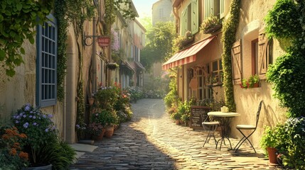 Fototapeta premium Narrow cobblestone street in a charming European village with yellow and beige stone buildings