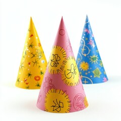 Colorful New Year paper hats, isolated on white background. Fun and festive.