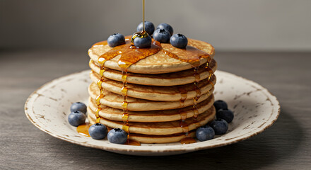 Delicious Homemade Pancakes Topped With Fresh Blueberries And Dripping Golden Syrup