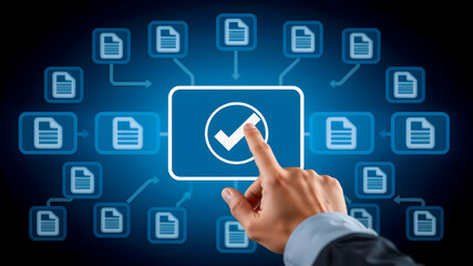 Hand rejecting a document on a digital interface.