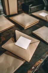 Blank card lying on brown envelope surrounded by other envelopes