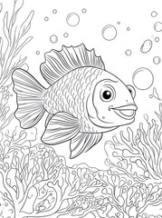 Fototapeta premium Cute fish coloring page, underwater scene, coloring book, kids activity