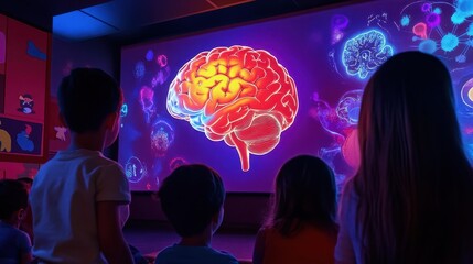 Children captivated by a vibrant projection of the human brain.