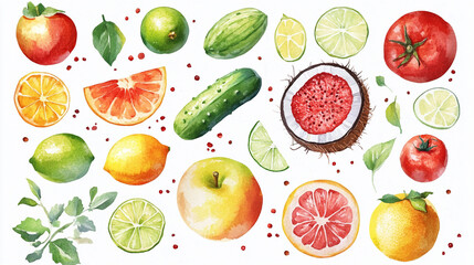 Watercolor Mix Fruit and Vegetable on transparent background. Ai generated.