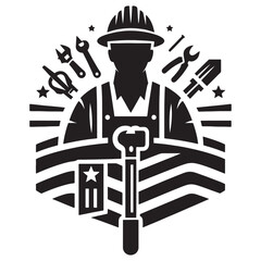 Labor day illustration of construction worker with tools and flag design, labor day