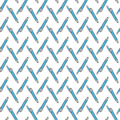 Seamless Pattern of Blue Pencils with Erasers on White Background