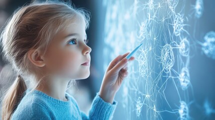 Obraz premium A young girl explores the intricate neural network displayed on a touchscreen.