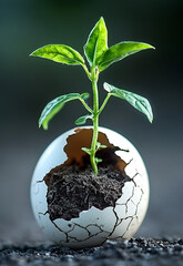A Small Green Plant Sprouting from a Cracked Eggshell, high resolution ai generate image