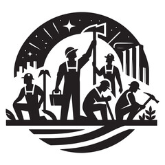 Laborers working together illustration black and white teamwork construction workers hard work silhouette art, labor day