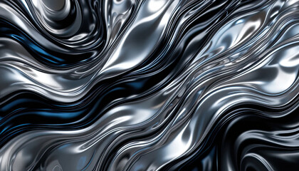  A metallic, fluid abstract background with liquid chrome textures in silver, black, and electric blue. Reflections and smooth distortions create a futuristic vibe. PNG with soft edge transparency.